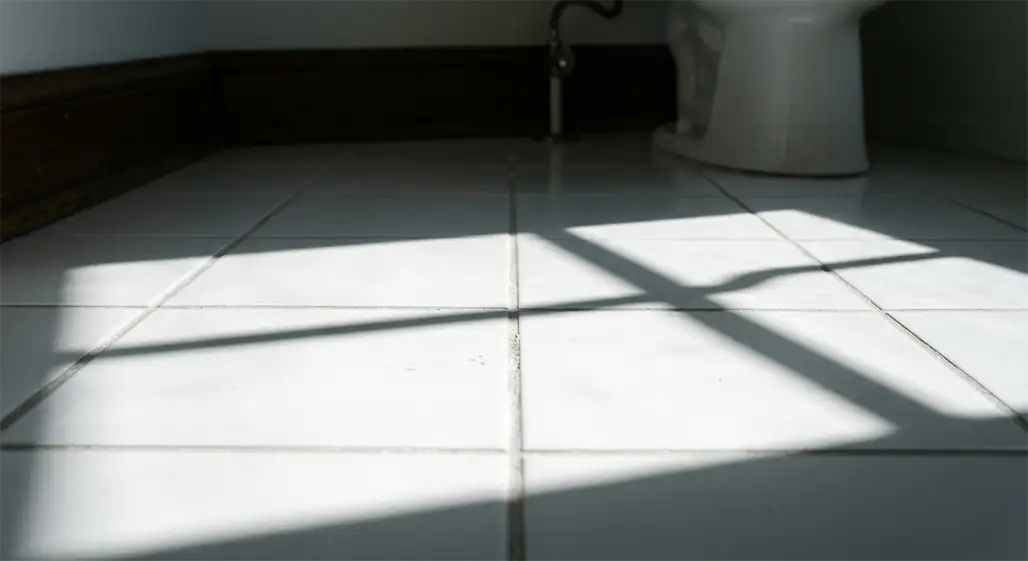Bathroom floor tiles viewed from floor level with morning light casting shadows - the risk of a long lie after a fall for elderly people living alone
